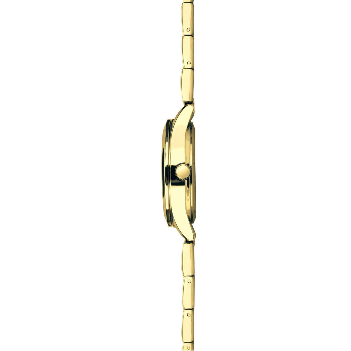 Gold-tone quartz wristwatch side profile with crown and linked metal bracelet.