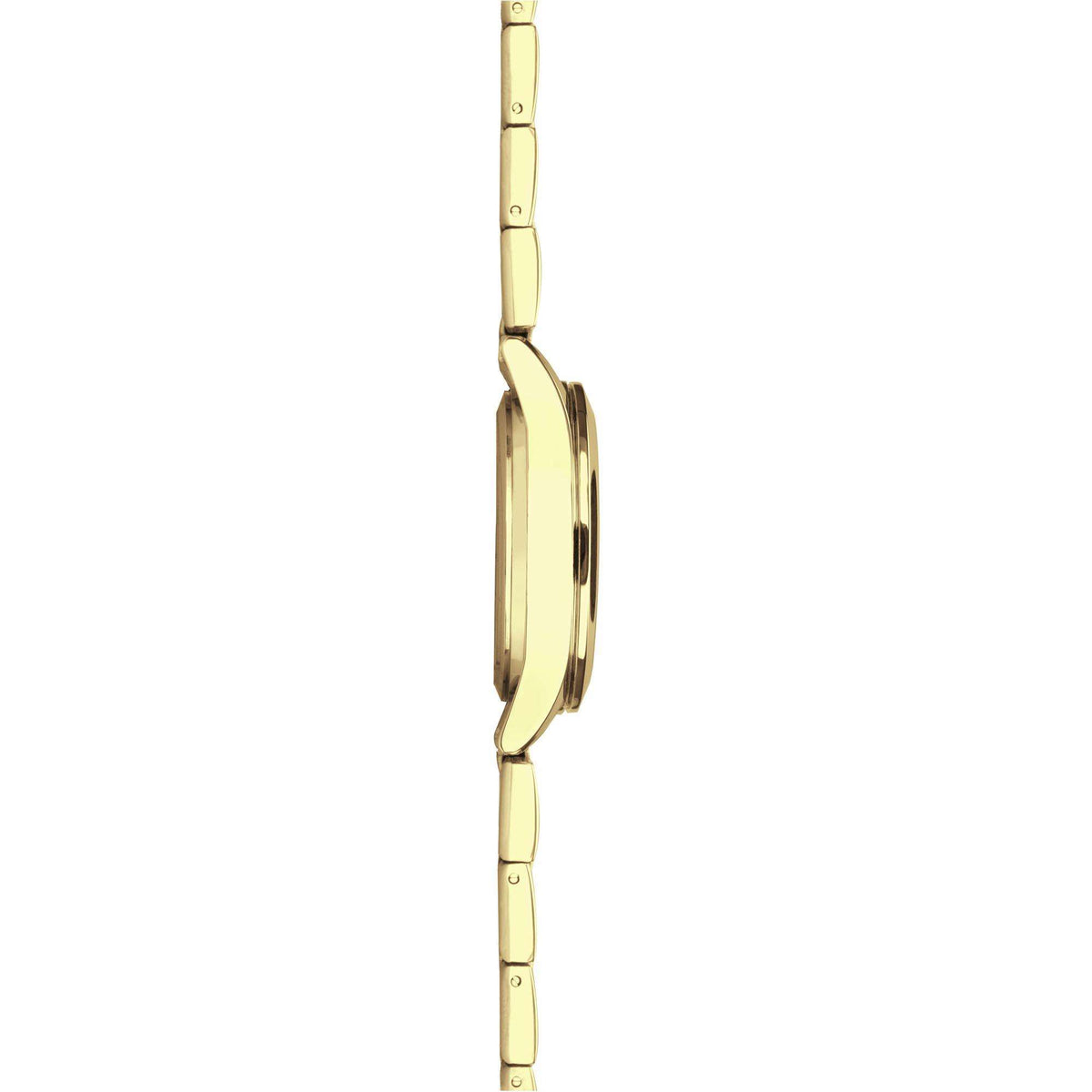 Gold-tone quartz wristwatch side view with smooth case and bracelet links.