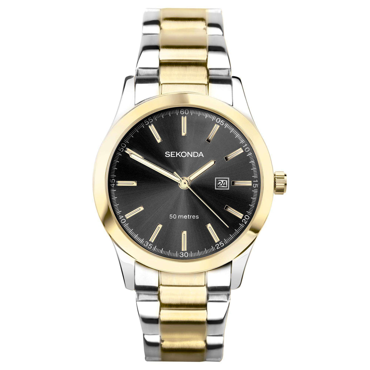 Two-tone stainless steel bracelet watch with black dial and gold-tone bezel, quartz movement