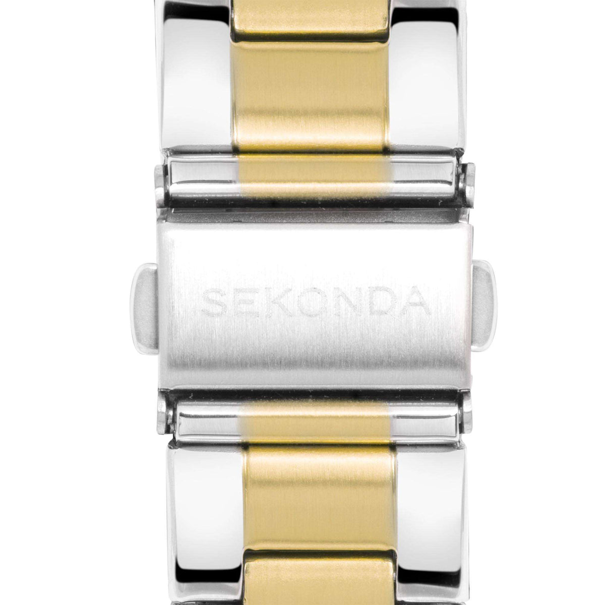 Close-up of two-tone stainless steel watch bracelet clasp with Sekonda branding