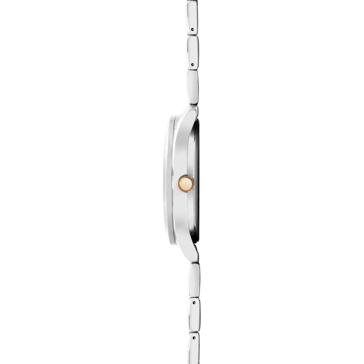 Side view of men’s stainless steel watch case with gold-toned crown and two-tone links
