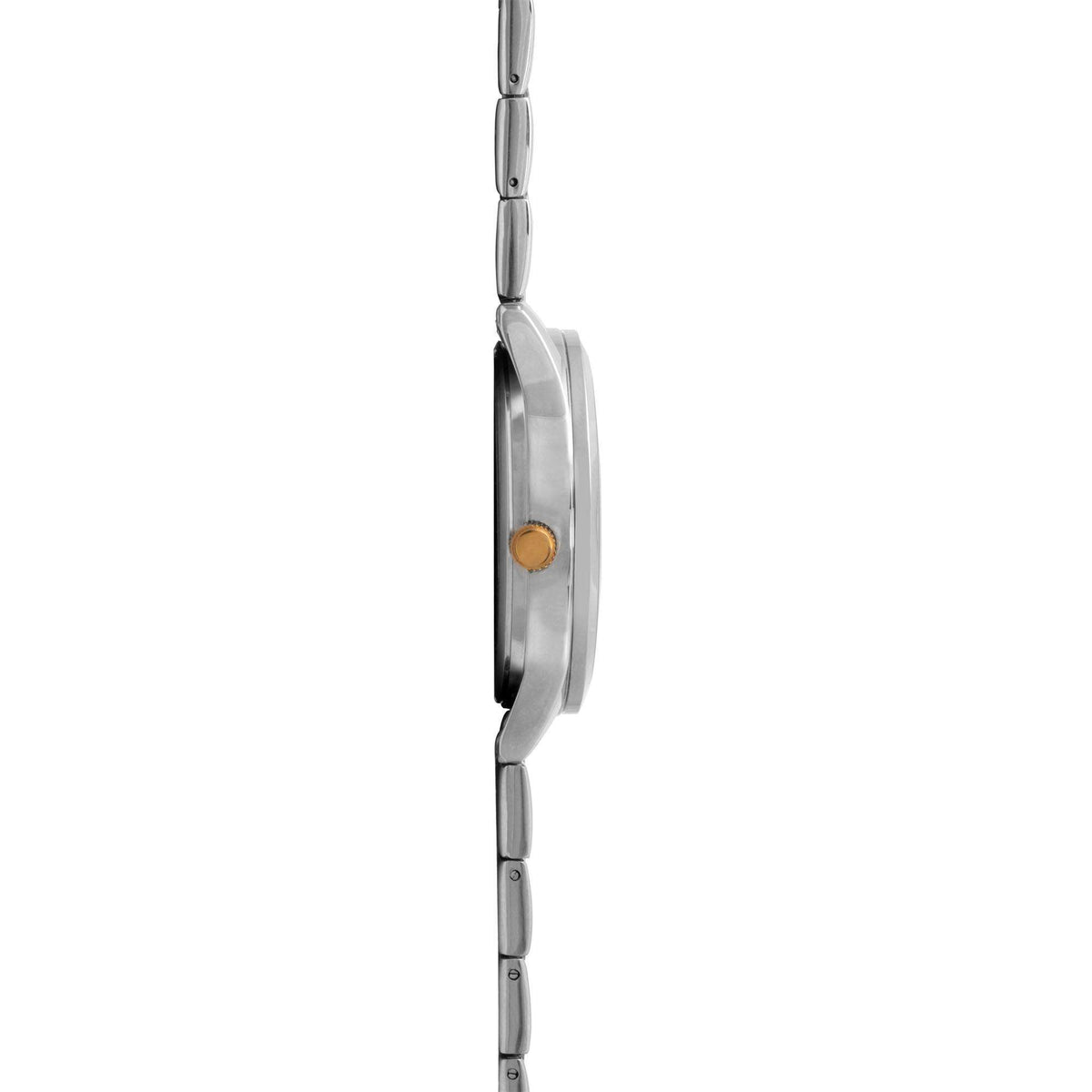 Angled side view showing two-tone bracelet links and gold-toned crown detail