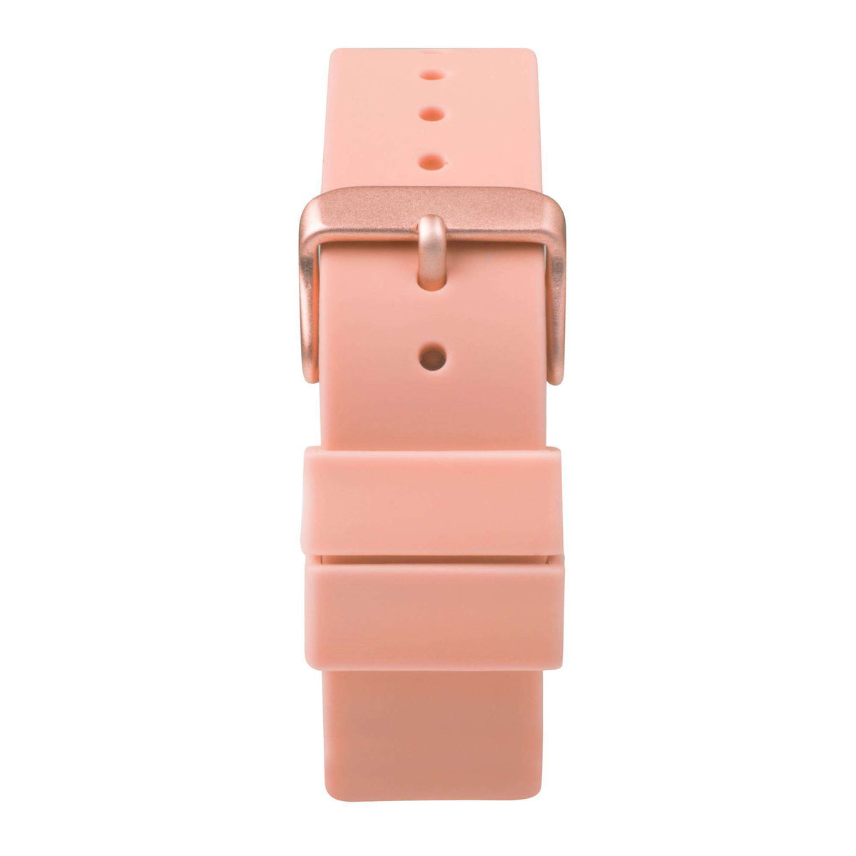 Pink silicone strap back view with buckle and adjustment holes