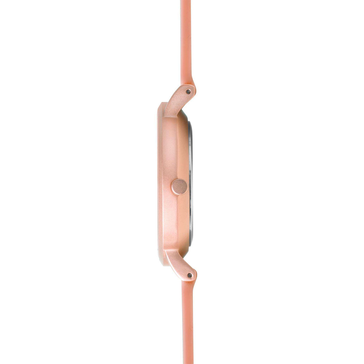 Pink silicone strap watch with side case profile and round crown detail