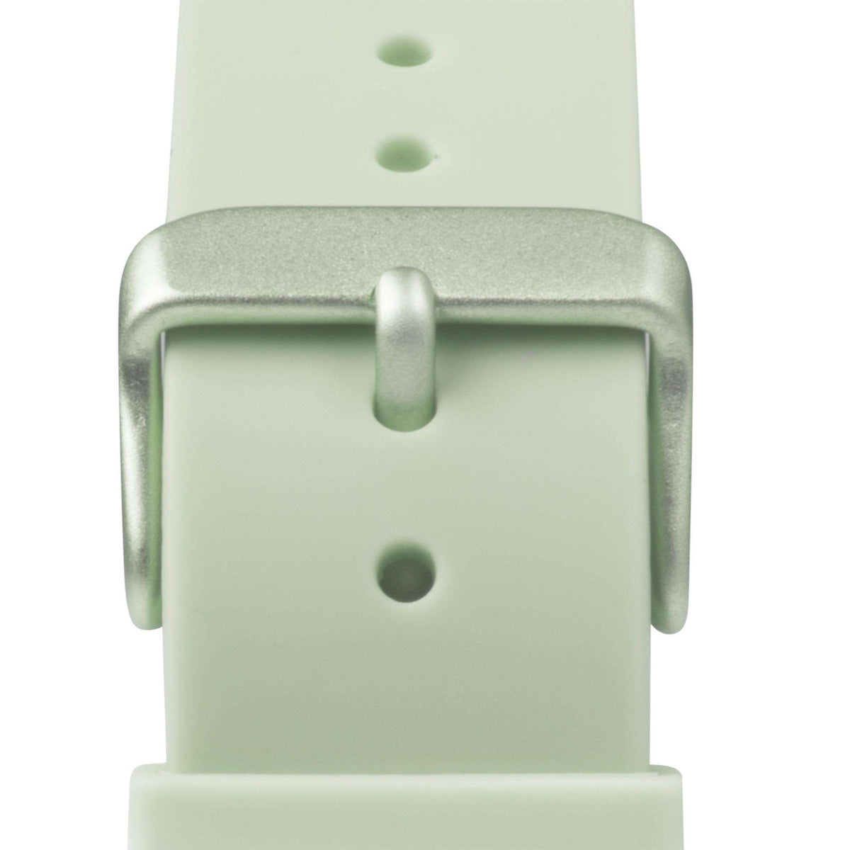 Light green watch strap clasp with metal frame and adjustable pin hole