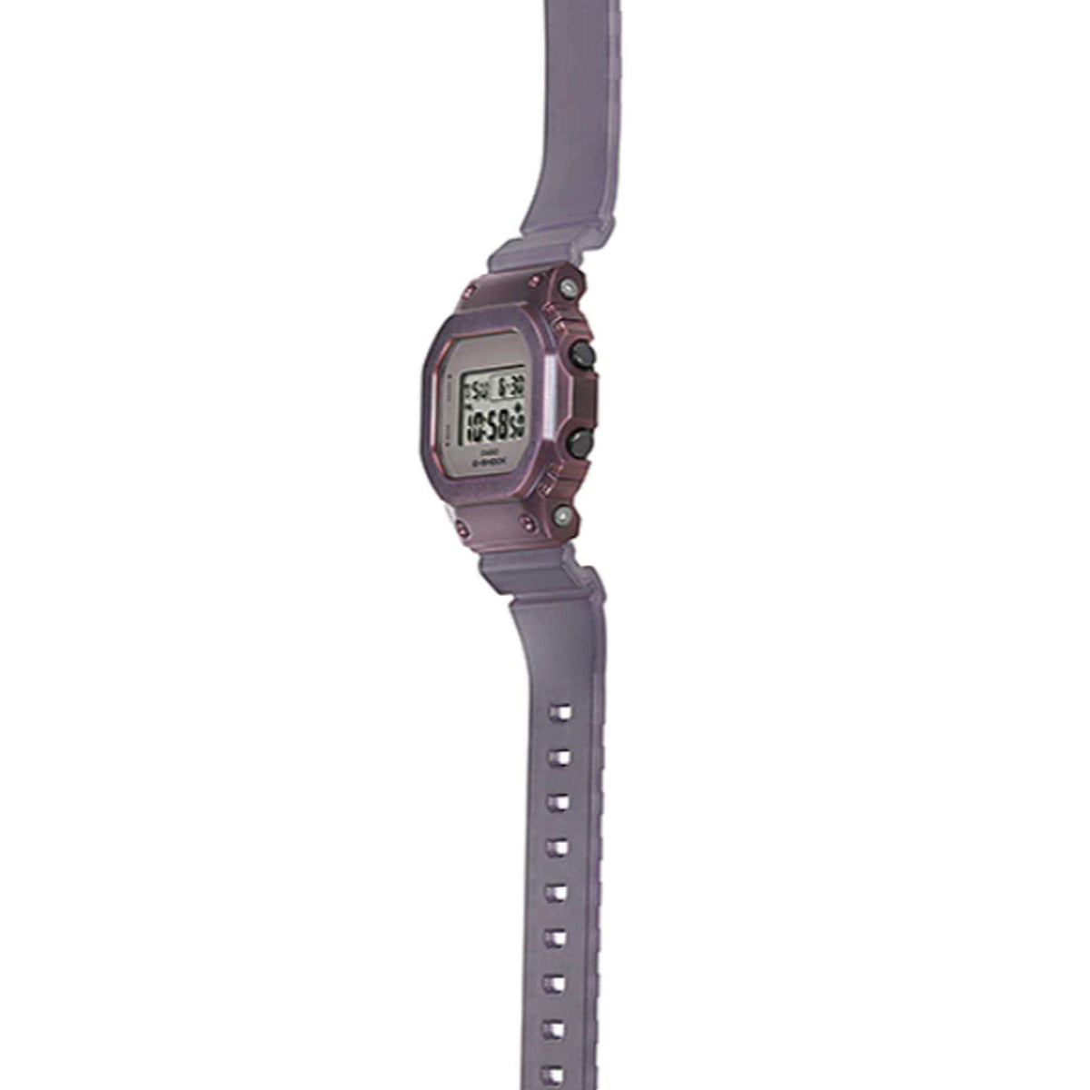 Casio G-Shock watch with purple resin strap, angled side profile and LCD