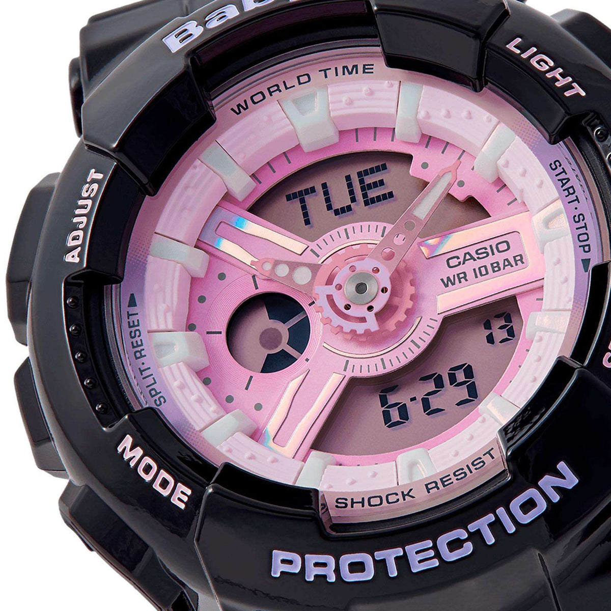 Close-up of pink dial Casio Baby-G watch with black bezel and resin strap