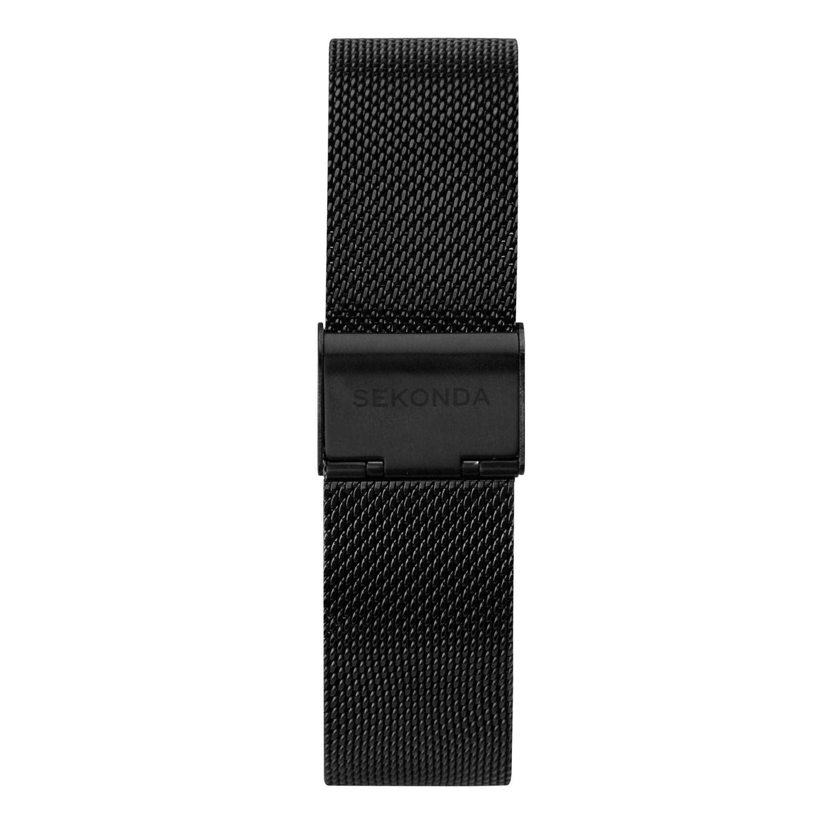 Black Milanese mesh watch strap with clasp and engraved panel