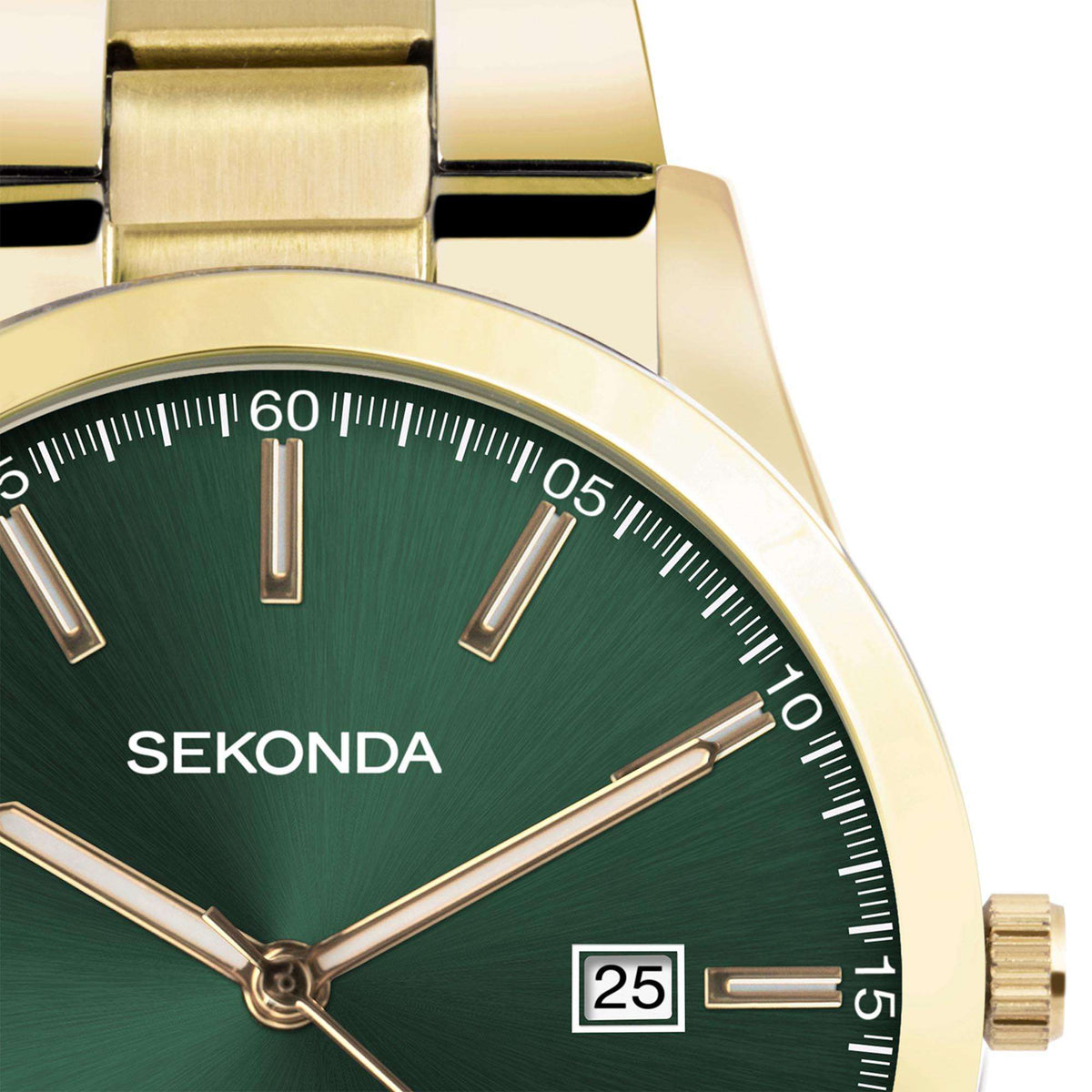 Men's quartz wristwatch close-up: green dial, gold hands and markers, date window