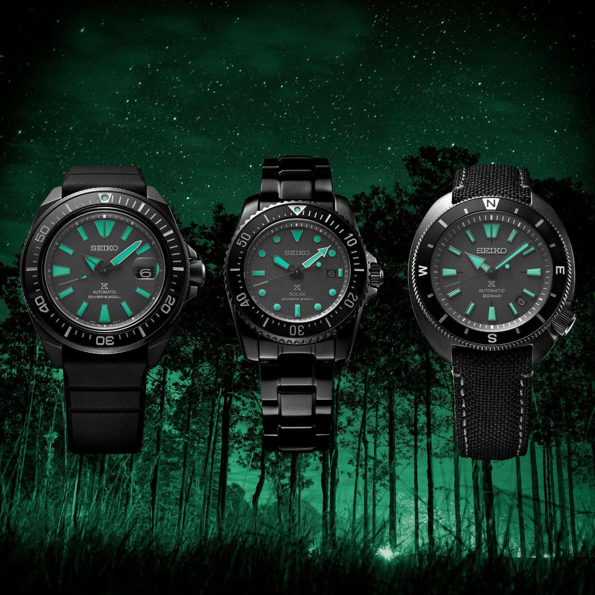 Seiko Prospex SNE587P1 solar watch displayed with other Black Series models