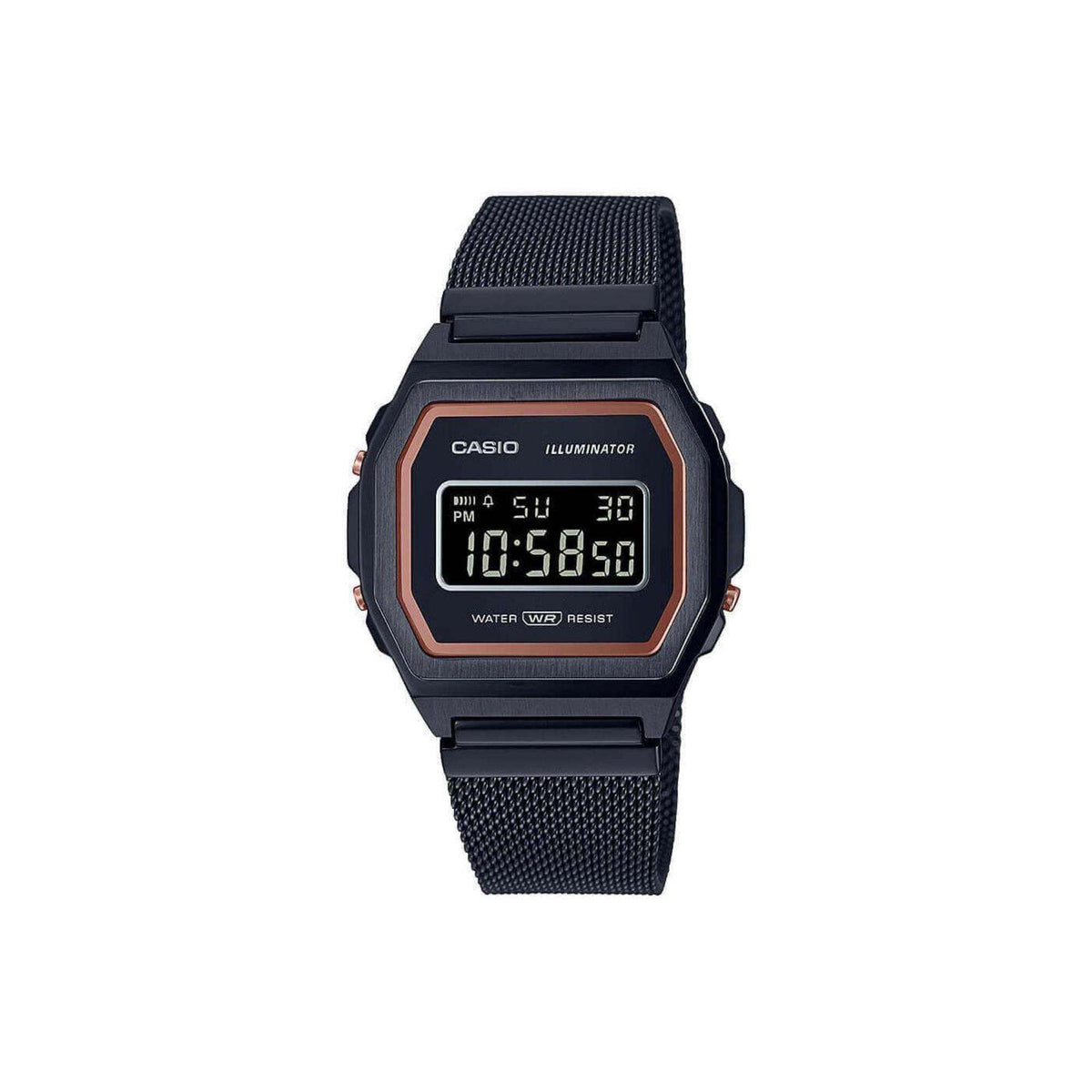 Black digital wristwatch with square screen and textured Milanese mesh bracelet