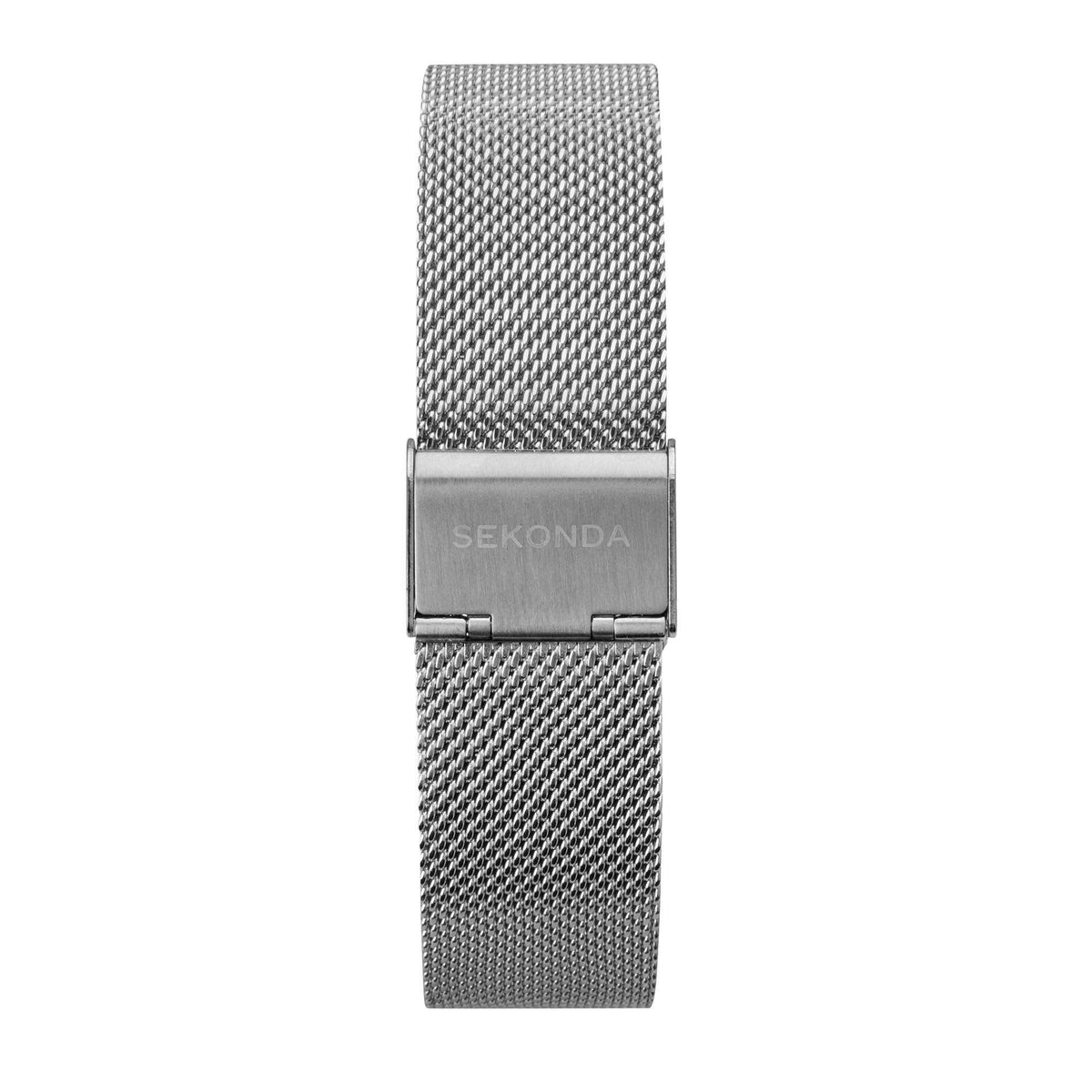 Men's metal mesh watch bracelet, wide band with rectangular clasp centered on the band.