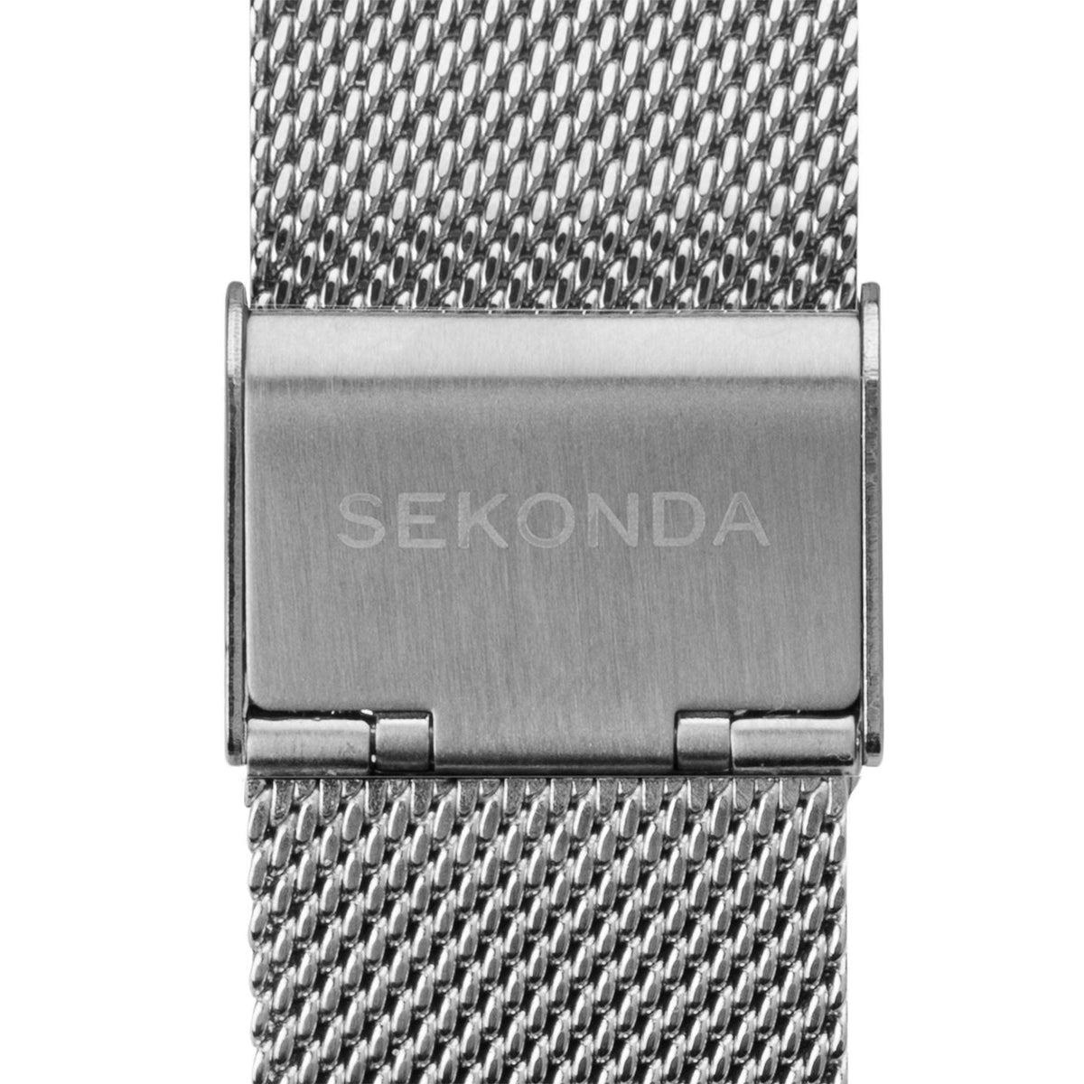 Men's stainless mesh watch bracelet clasp, engraved “SEKONDA” on the rectangular front plate.