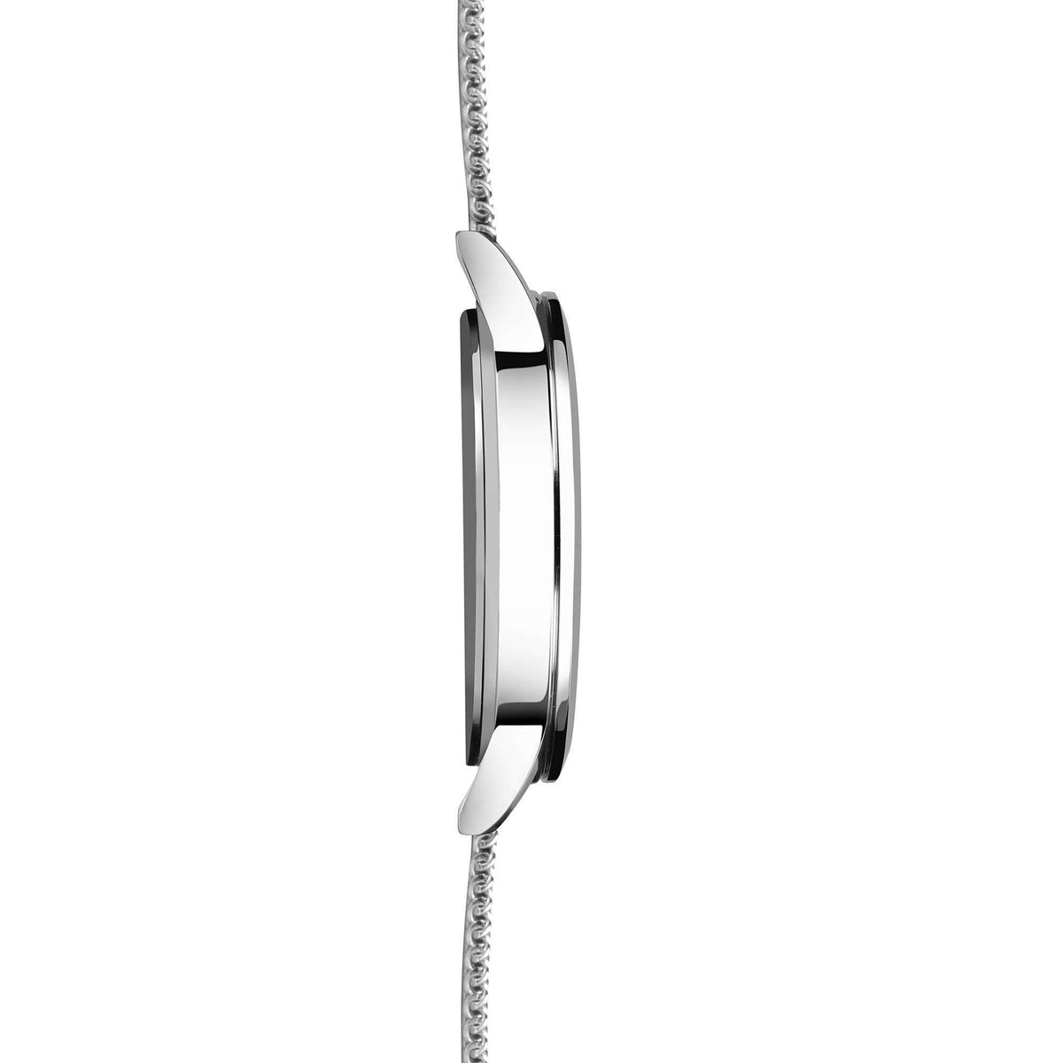 Men's quartz wristwatch, silver case profile with crown, mesh metal bracelet shown.