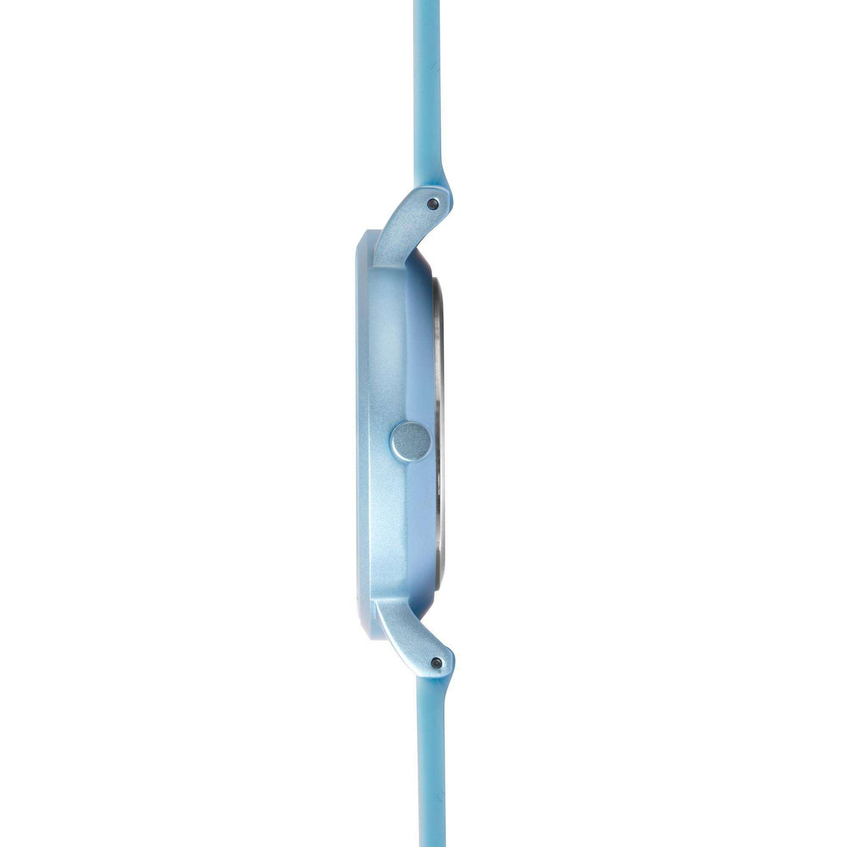 Light blue silicone watch strap with metal case side and circular strap attachment holes.