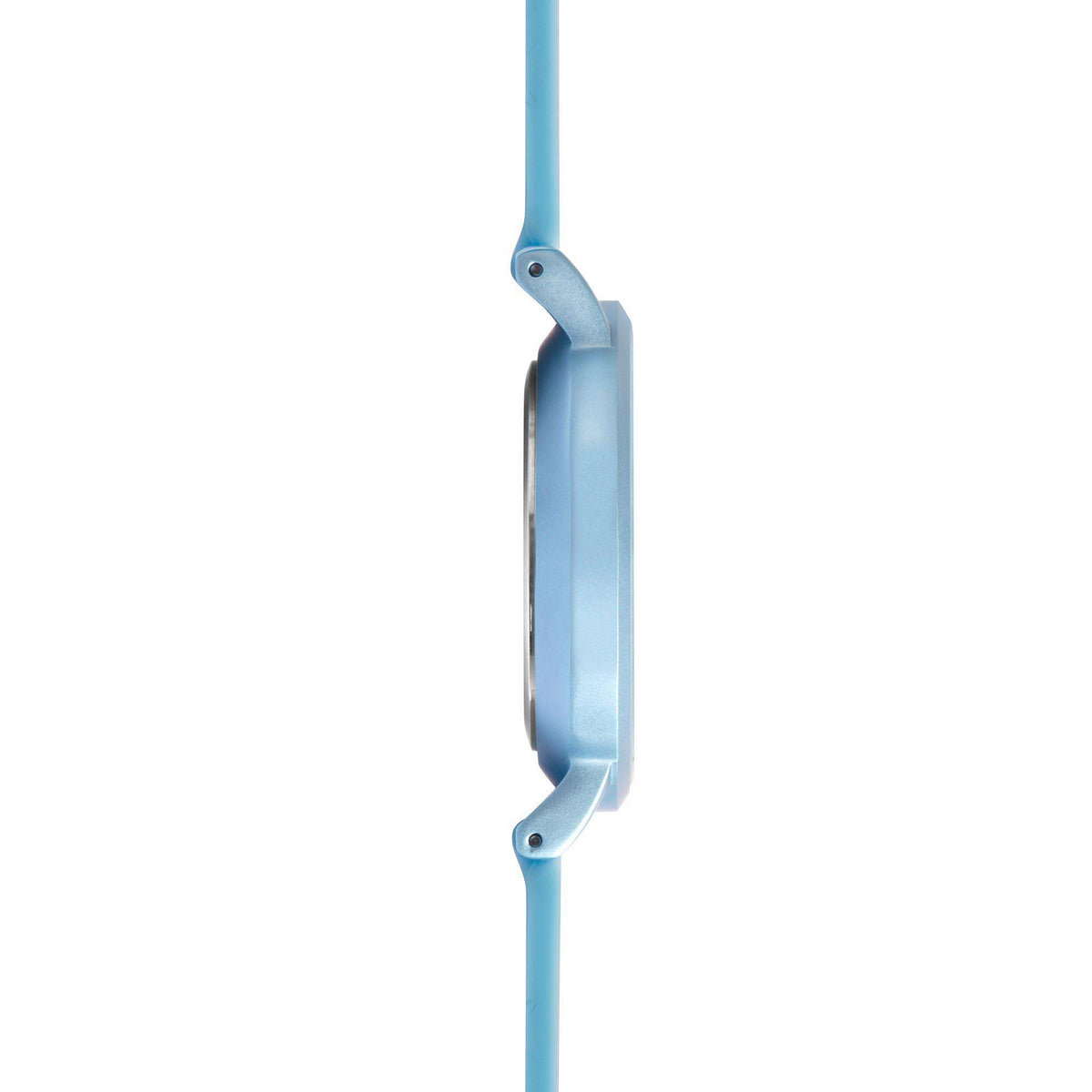 Round blue watch case profile with light blue silicone strap, side view.
