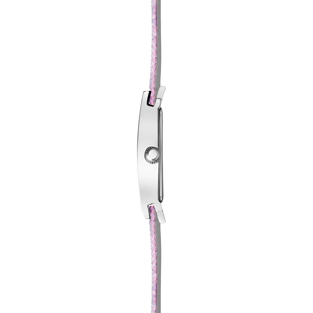 Sekonda watch side view with lilac textured strap and silver rectangular case