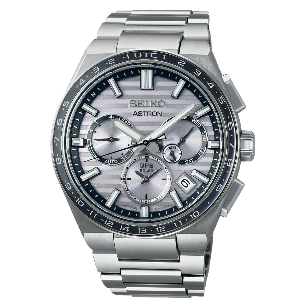 Men's titanium GPS solar chronograph watch with silver dial, dark bezel, date window, bracelet