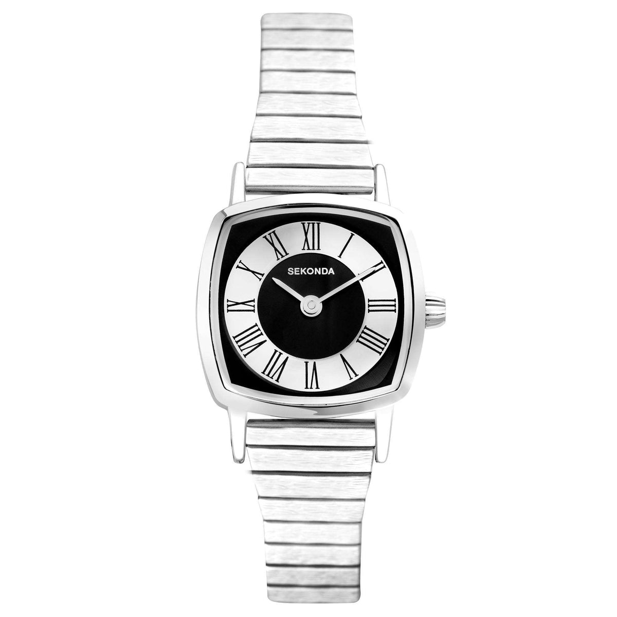 Ladies quartz watch front view: black dial with Roman numerals and silver expanding bracelet