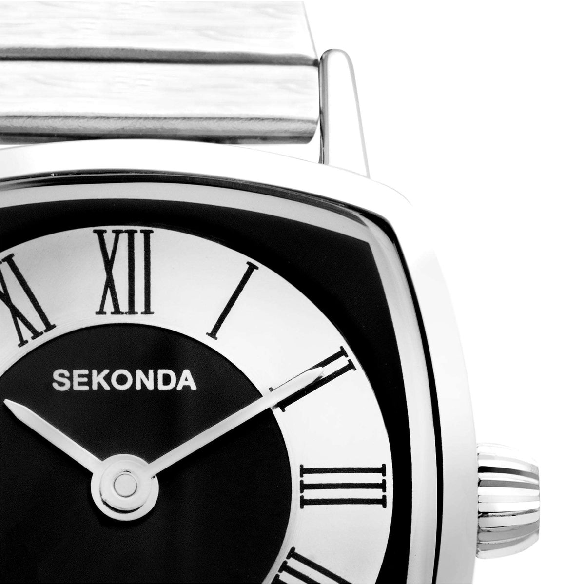 Ladies quartz watch with black dial, Roman numerals, silver hands, and Sekonda logo
