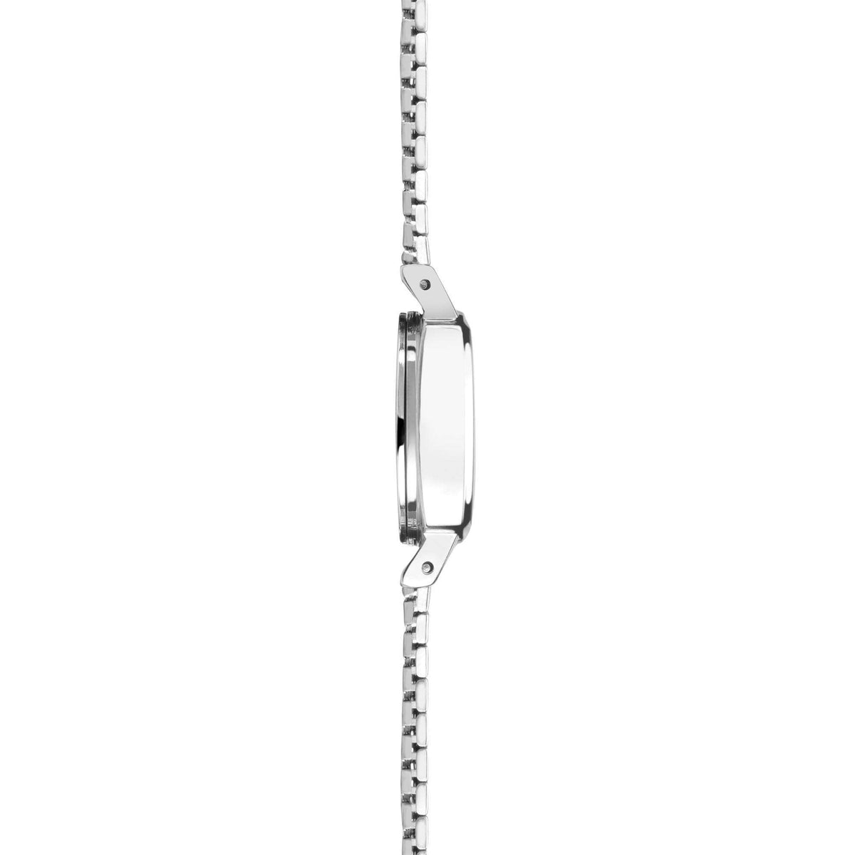 Square-faced stainless steel case with expandable bracelet, side profile of ladies watch