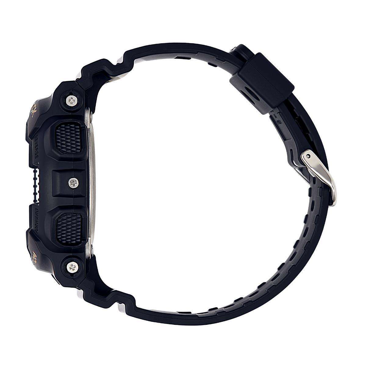 Black silicone watch strap with buckle clasp and rugged case edge detailing.