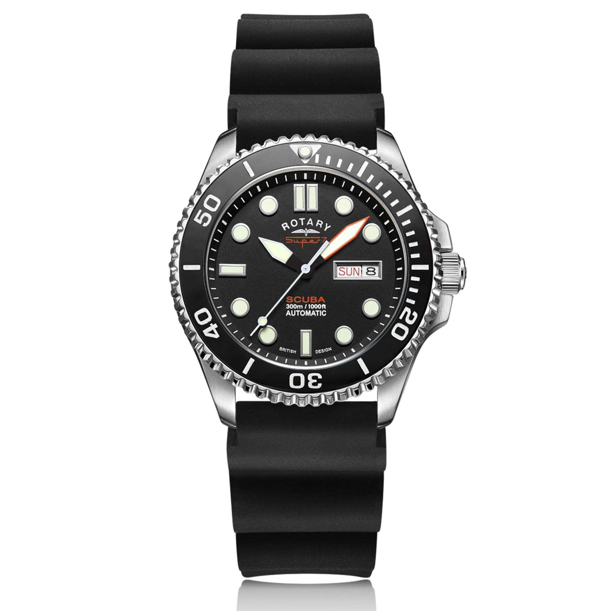Men's dive watch with black dial, black silicone strap, and ridged dive bezel