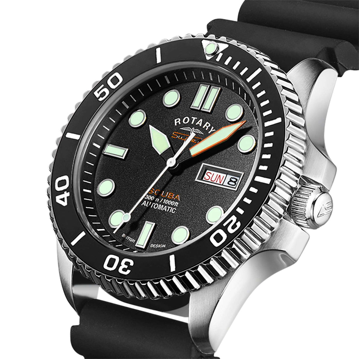 Men's dive watch angled view with black dial, luminous markers, and ridged bezel edge