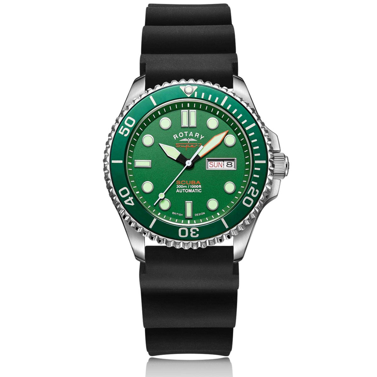 Men's dive watch with green dial, black silicone strap, and silver bezel, round case