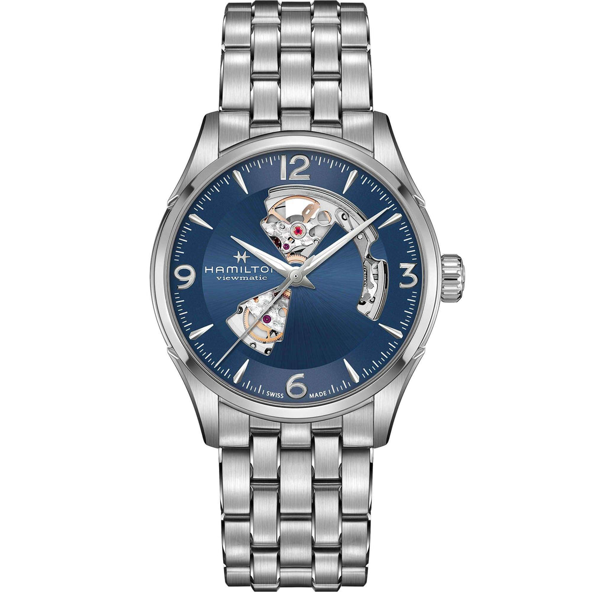 Hamilton Jazzmaster H32705141 42mm open heart mens automatic watch front view showing blue dial cutout and stainless steel link bracelet