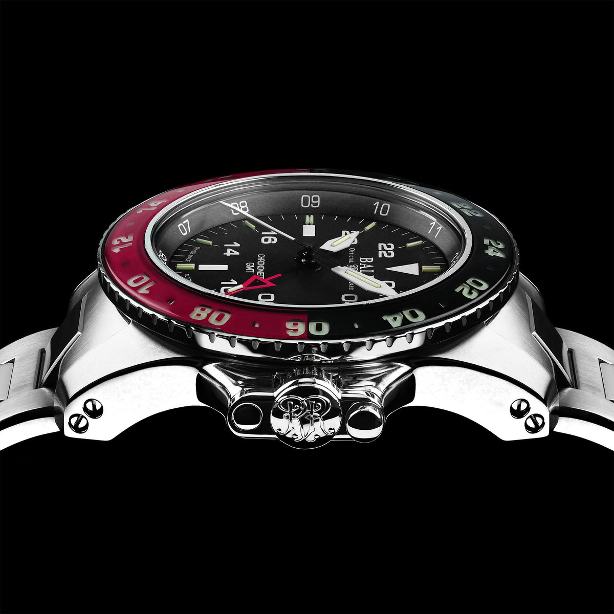 Men's automatic watch with black dial and red bezel ring, silver case