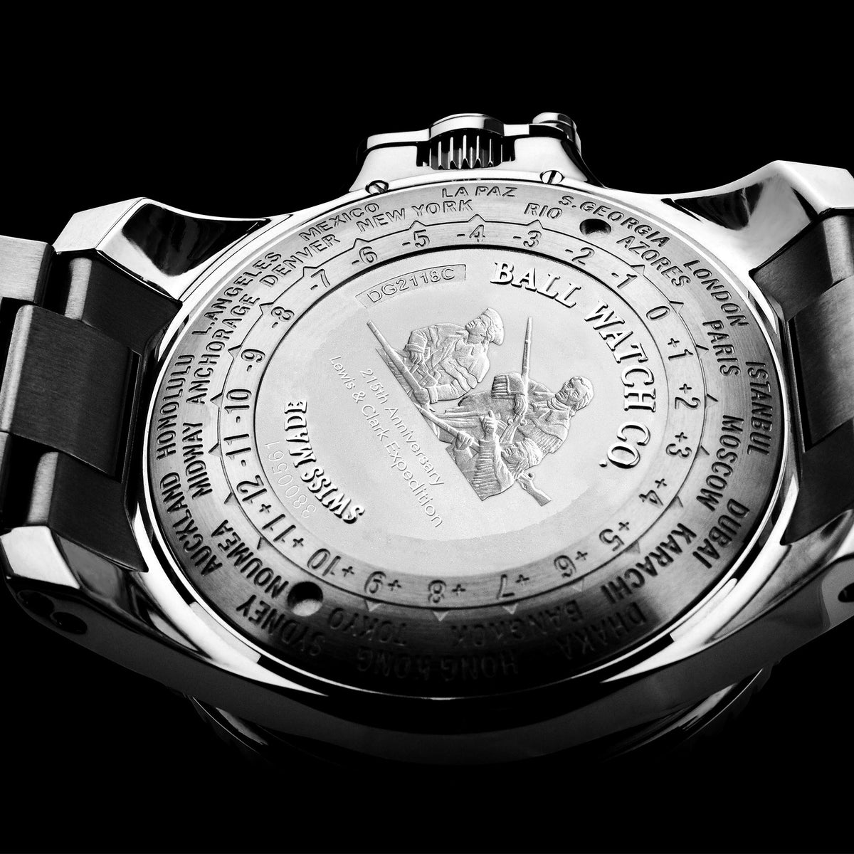 Men's automatic wristwatch caseback, polished steel with engraved medallion and markings