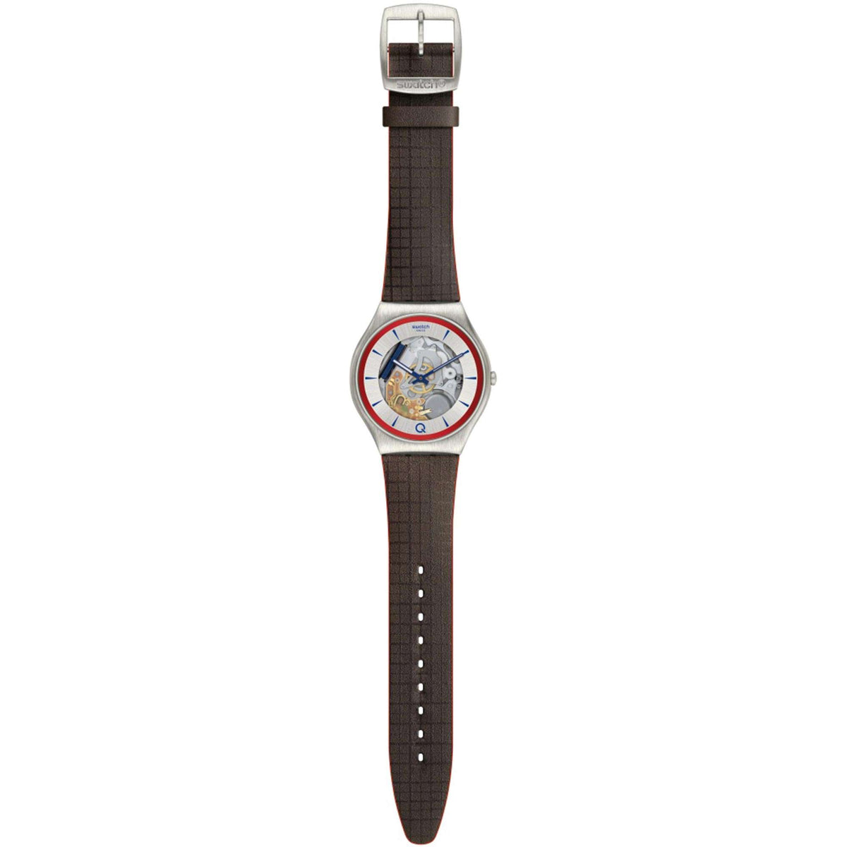 Mens skeleton dial quartz watch with stainless steel case and dark leather strap