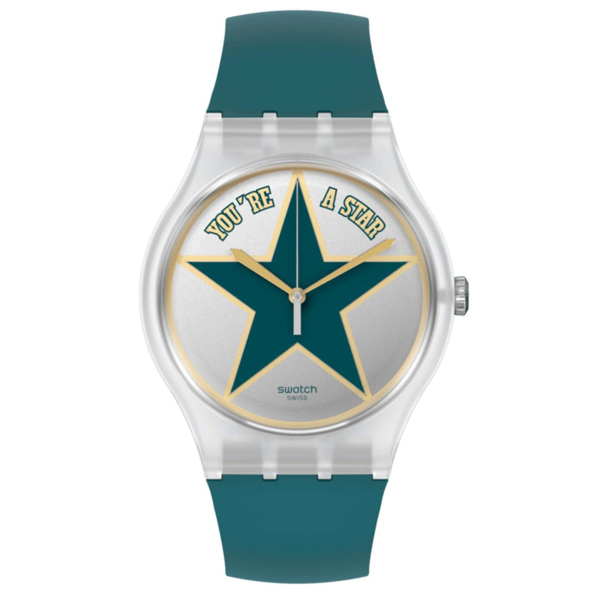 Men's quartz star-dial watch with teal silicone strap, silver case, gold star accents.