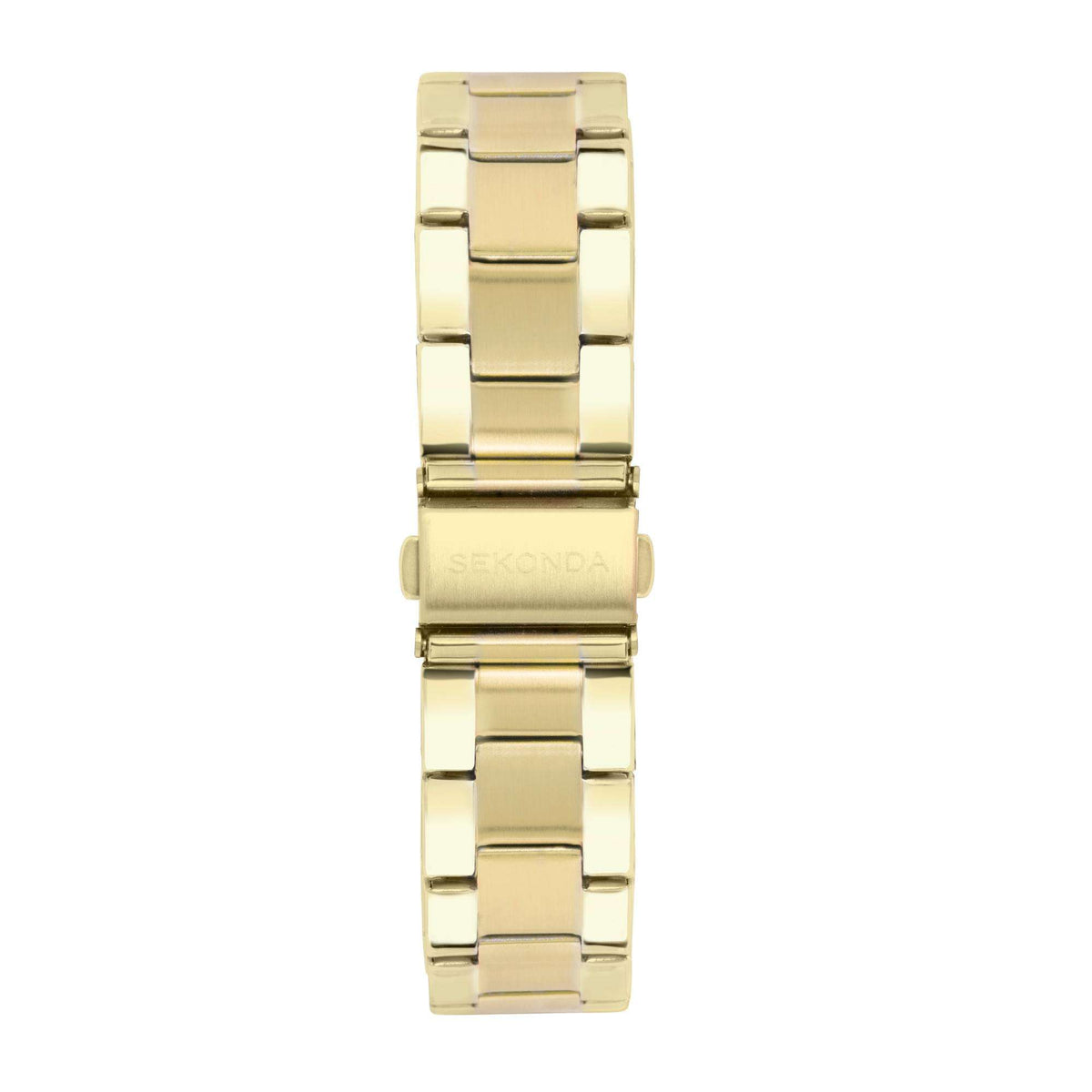 Men's gold PVD quartz wristwatch back view with polished link bracelet and clasp