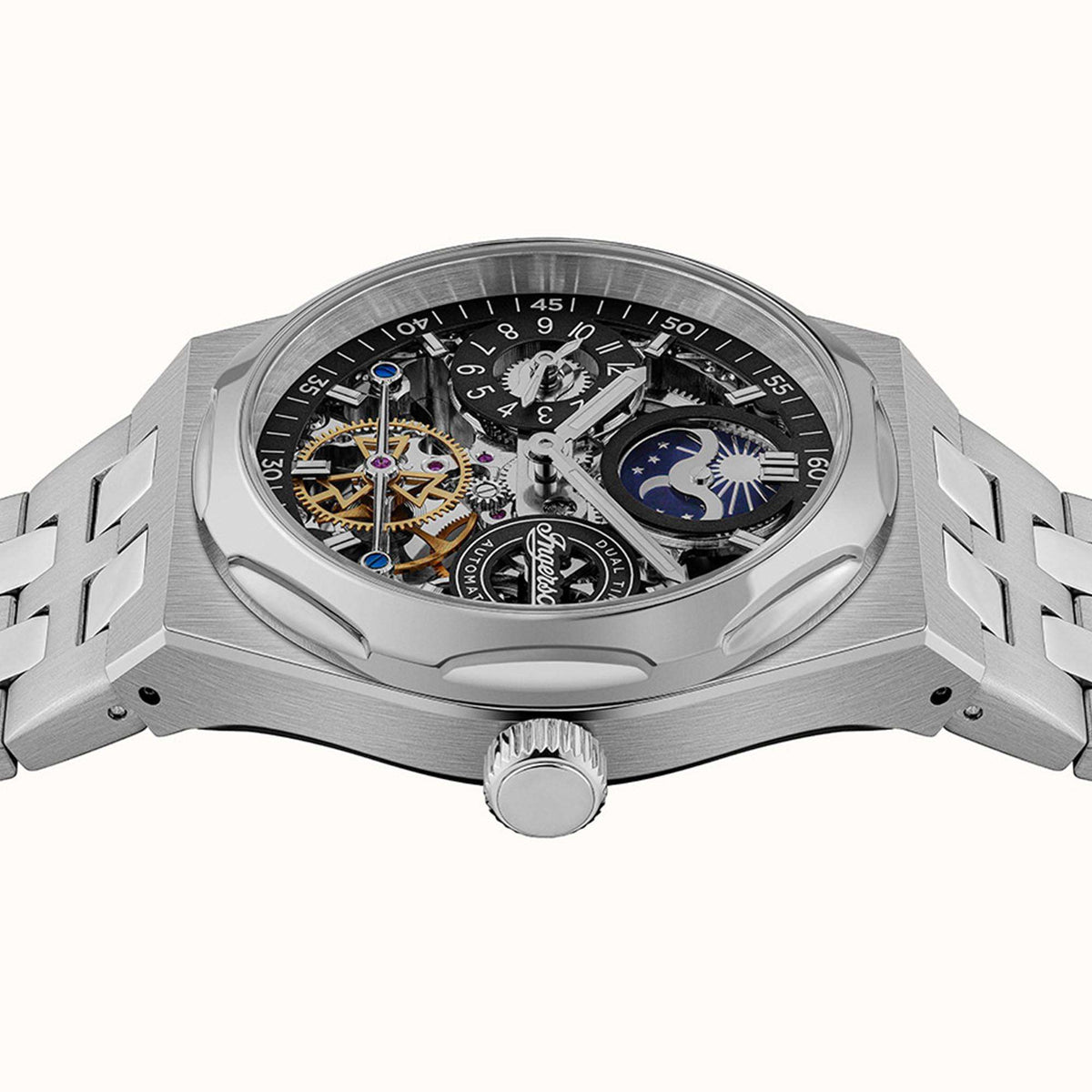 Stainless steel automatic skeleton watch with crown and open caseback view, link bracelet