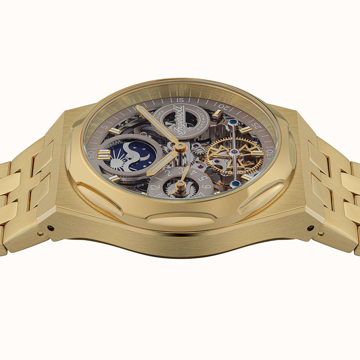 Gold-tone automatic men's watch caseback showing gearwork and moon-phase display