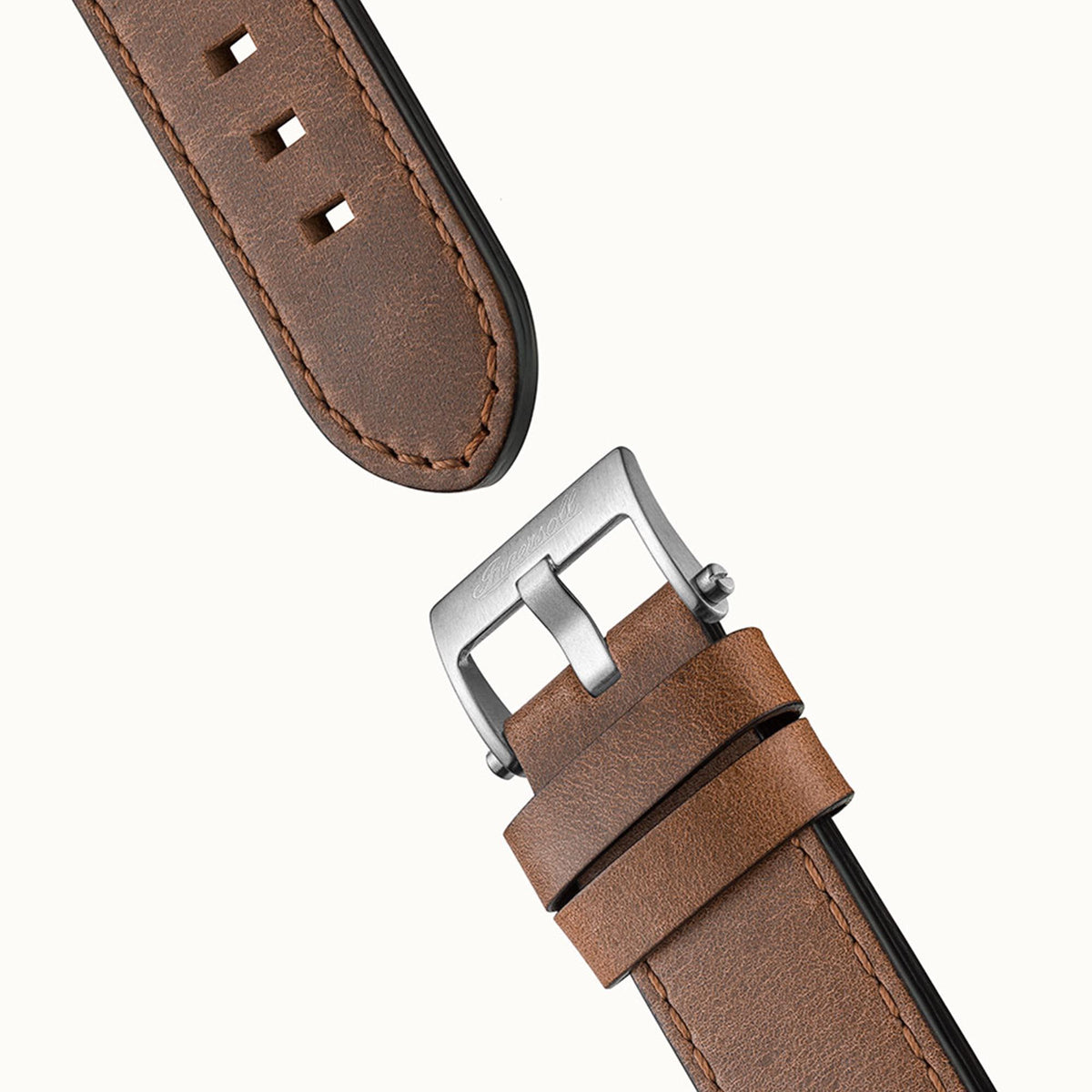 Brown leather watch strap with stitched edges and metal buckle for steel case