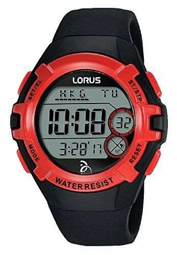 Black rubber strap men's digital watch with red bezel and LCD display