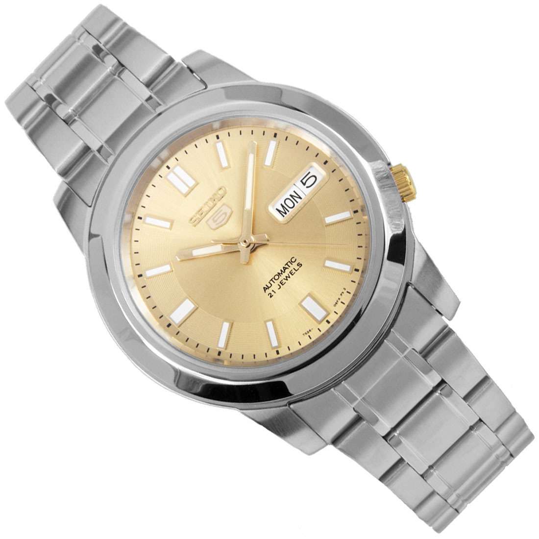 Seiko 5 Automatic watch SNKK13K1 featuring a gold dial, day-date window, and a stainless steel case and link bracelet