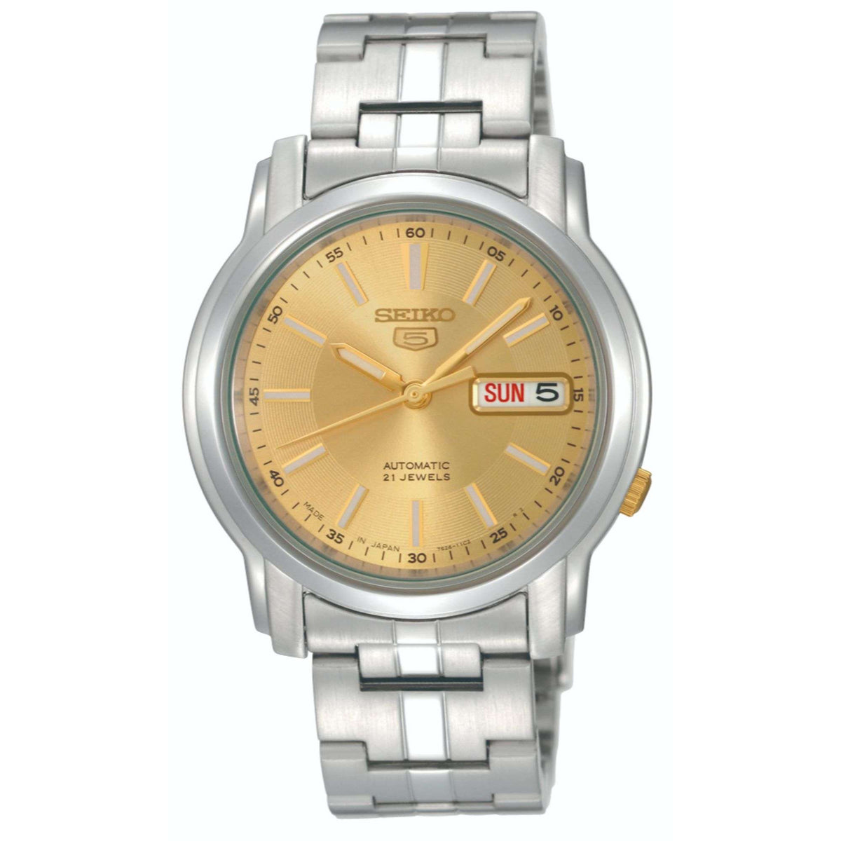 Men's automatic wristwatch with gold dial and stainless steel bracelet, day/date window shows SUN 5