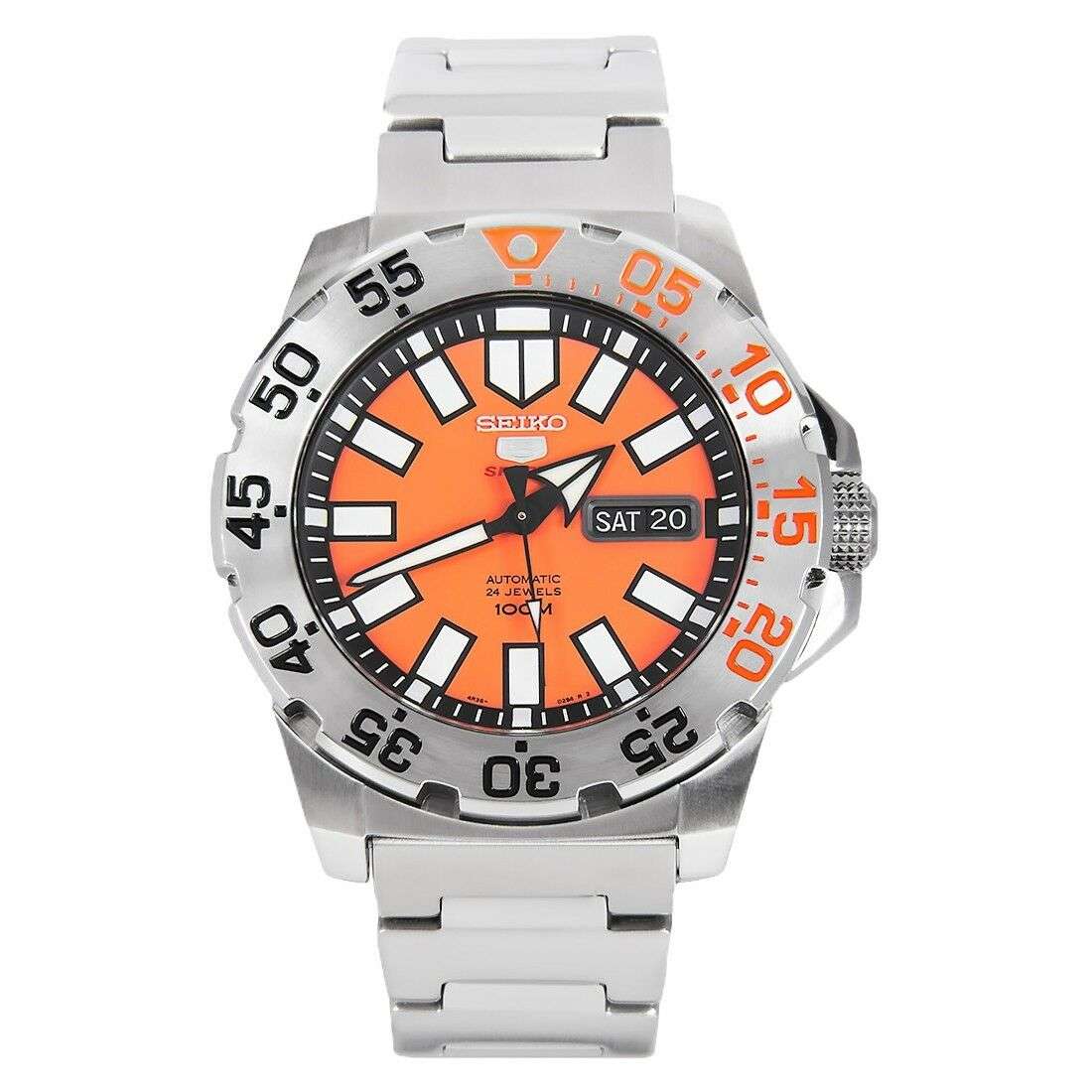 Orange dial stainless steel diver watch with black bezel, date window, and bracelet links visible