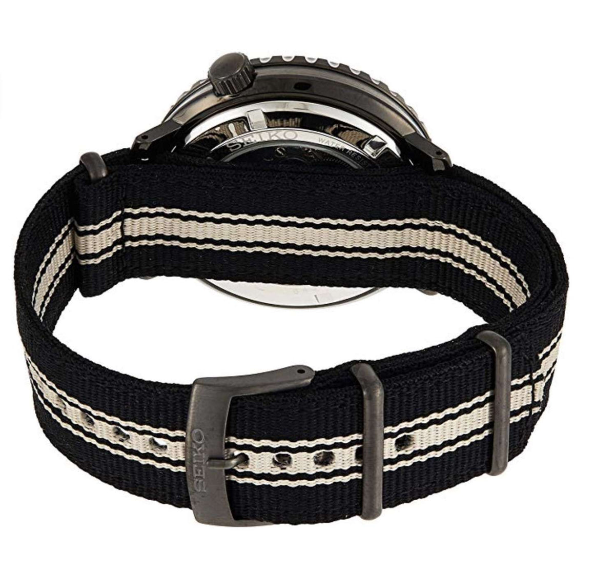 Black-and-white striped fabric watch strap with metal buckle and adjustment holes