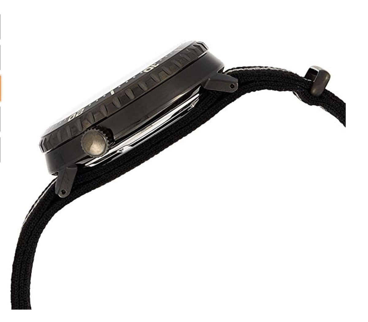 Black sport watch case with knurled bezel and crown, on black fabric strap