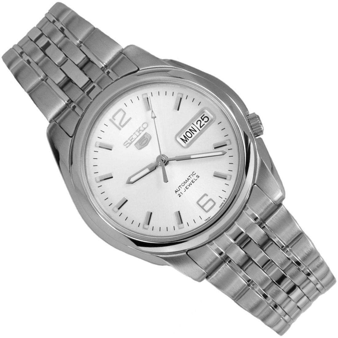 Seiko 5 SNK385K1 stainless steel watch with silver dial, metal bracelet, and day-date window