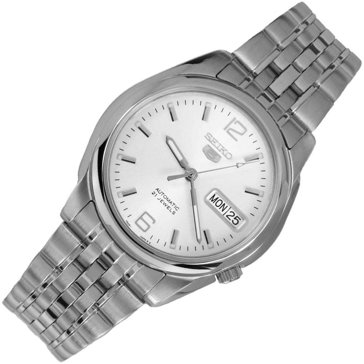 Seiko 5 SNK385K1 stainless steel watch with silver dial, metal bracelet, day/date window