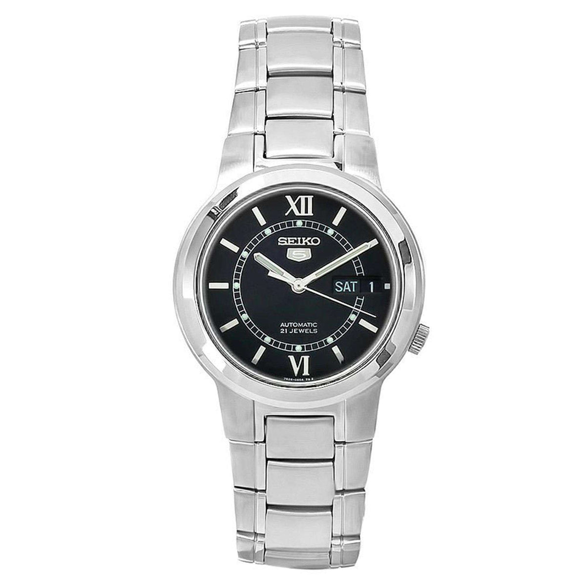 Men's Seiko automatic watch with black dial, Roman numerals, stainless bracelet; date shows SAT 1.