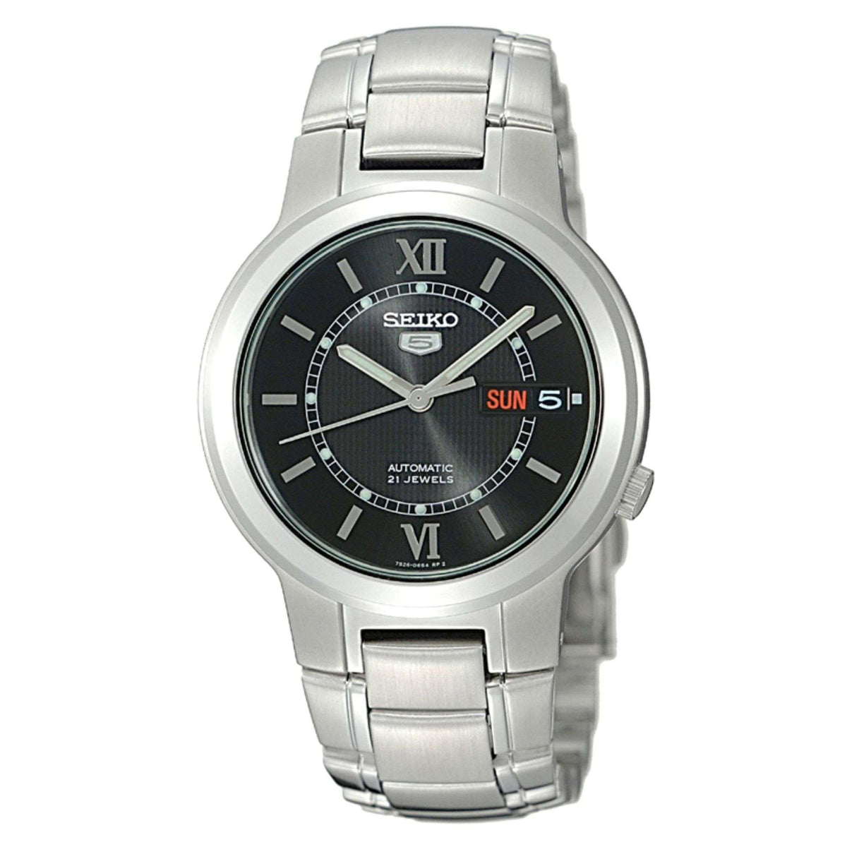 Men's Seiko automatic watch front view, black dial with Roman numerals and SUN 5 day/date window.