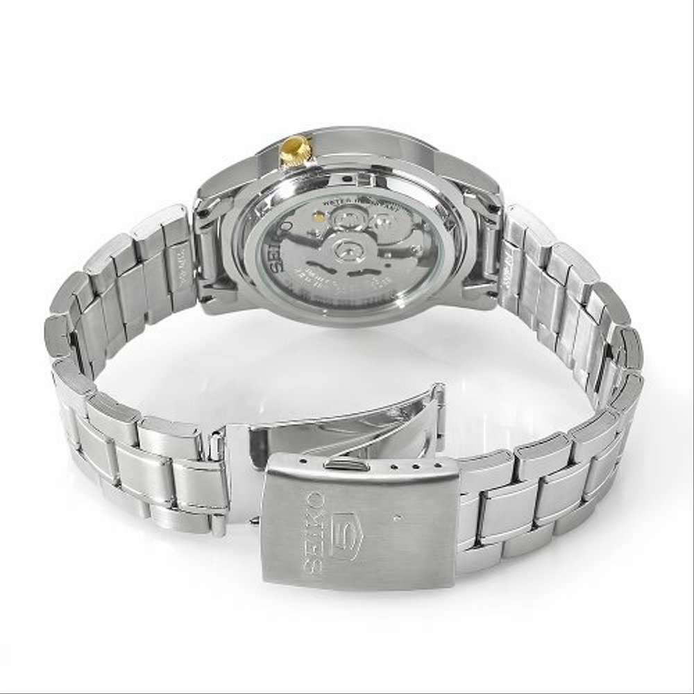 Seiko 5 Automatic watch SNKK13K1 showing its exhibition case back and stainless steel bracelet with engraved clasp