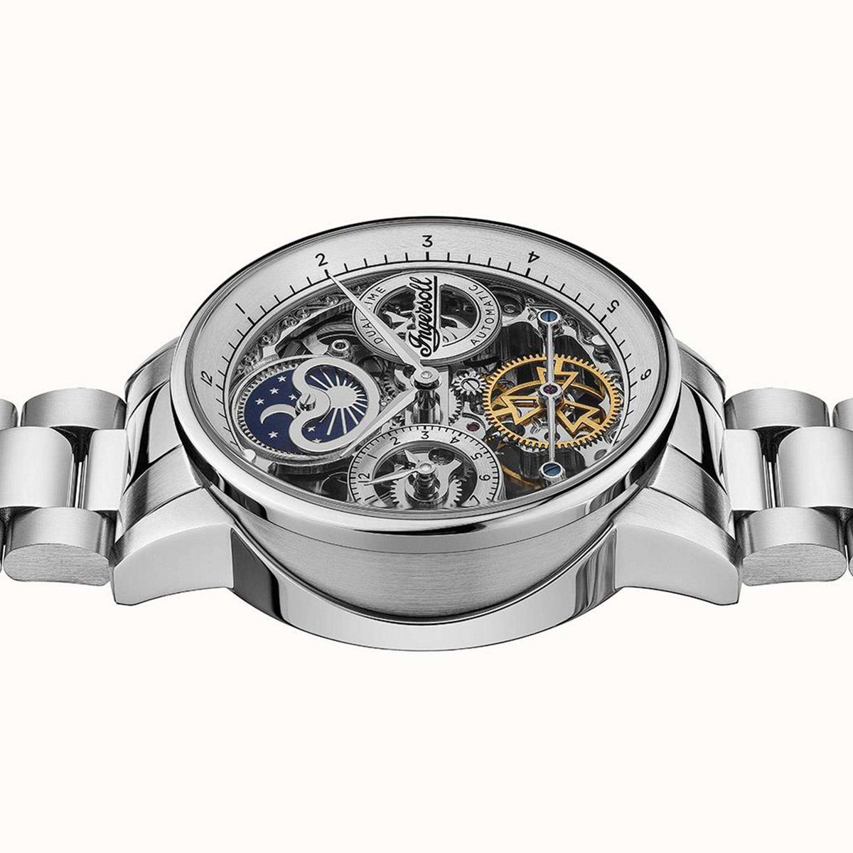 Automatic skeleton watch casefront with exposed gears under glass